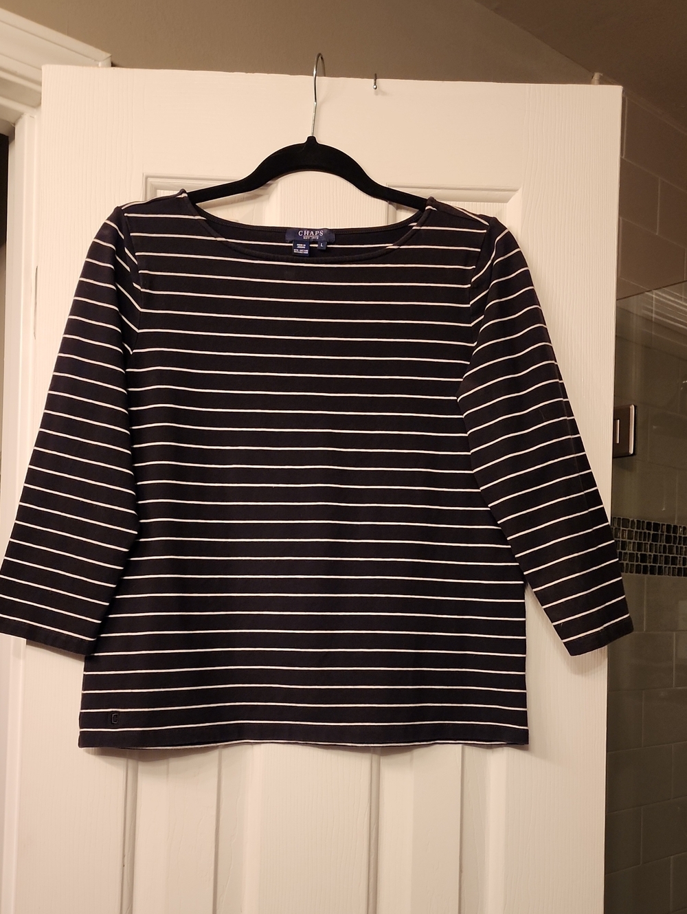 Chaps Black and White Striped Long Sleeve Boatneck Top